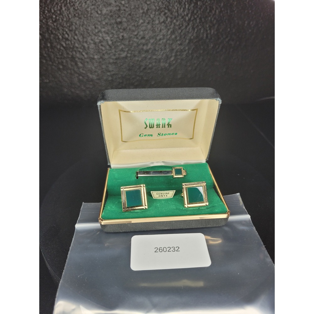 Swank Cufflinks Tie Clip Set Gold Tone Green Genuine Onyx Gem Stones Boxed